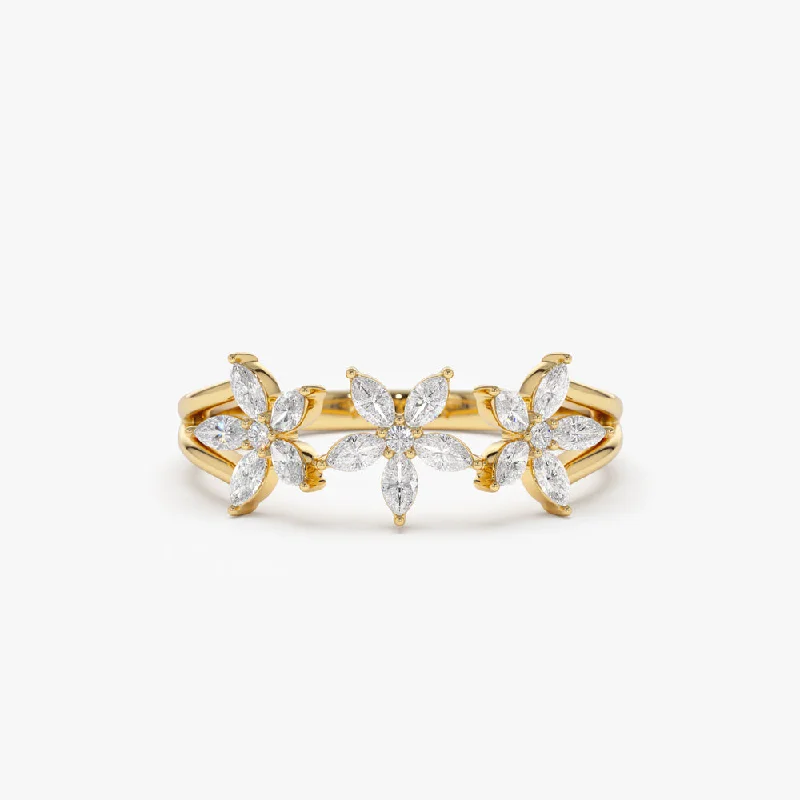 14k Marquise Diamond Multi-Flower Ring