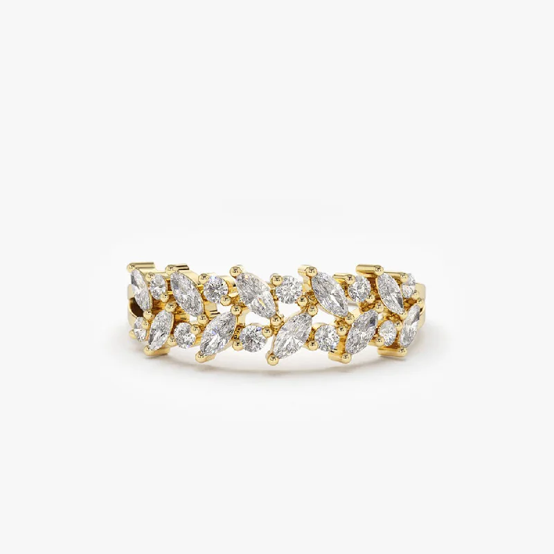Customized Silver Jewelry For Unique Style 14K Gold Two Row Marquise & Round Diamond Ring Customized Silver Jewelry For Unique Style 14K Gold Two Row Marquise & Round Diamond Ring