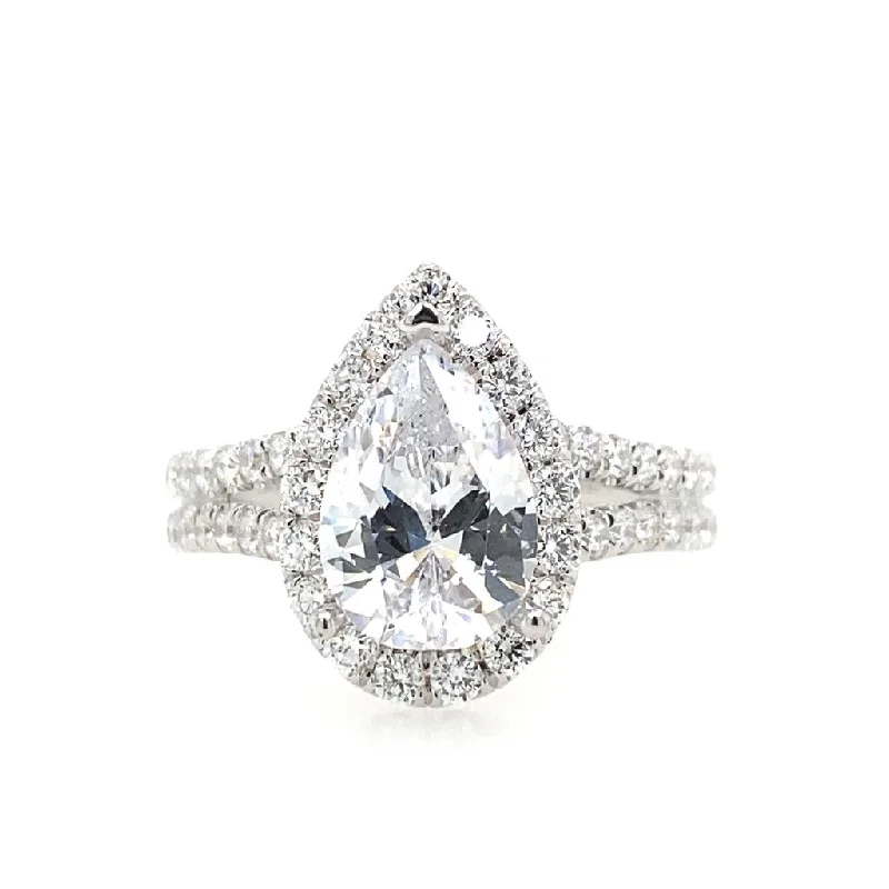 Modern Statement Jewelry For Bold Styling 18K White Gold Split Shank Halo Pear Diamond Engagement Ring Modern Statement Jewelry For Bold Styling 18K White Gold Split Shank Halo Pear Diamond Engagement Ring