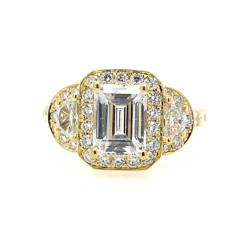 Luxury Jewelry At Budget-Friendly Prices – Grab Yours Now 18K Yellow Gold Three Stone Halo Emerald Cut Diamond Engagement Ring Luxury Jewelry At Budget-Friendly Prices – Grab Yours Now 18K Yellow Gold Three Stone Halo Emerald Cut Diamond Engagement Ring