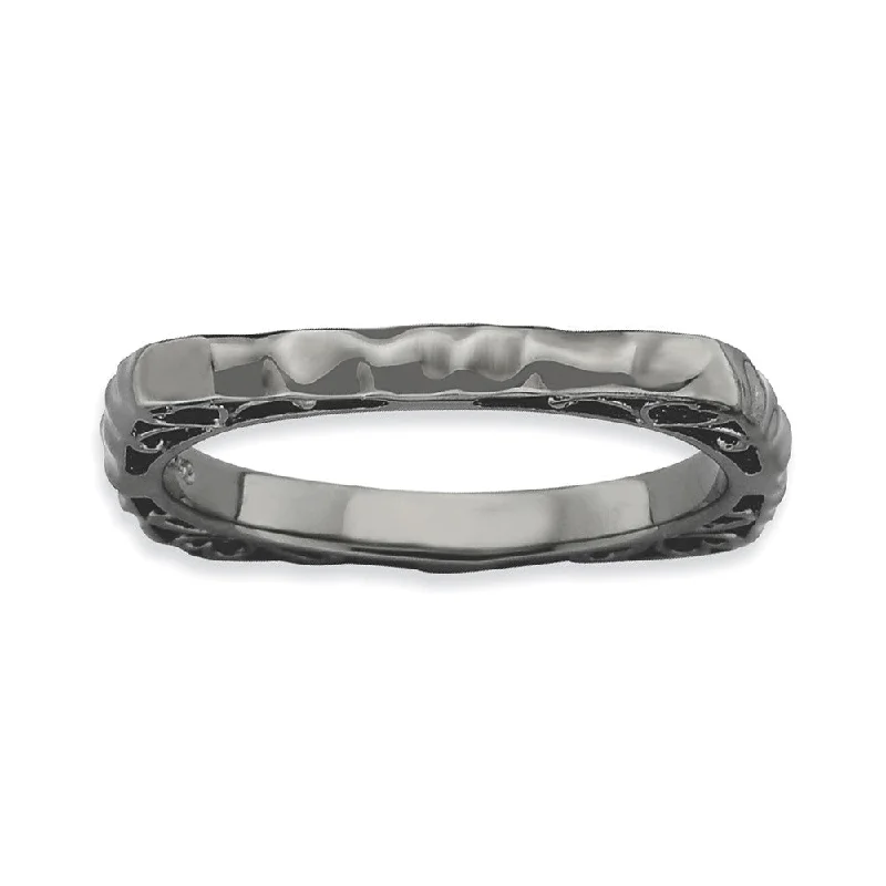 Exclusive Jewelry Offers – Shine For Less 2.25mm Stackable Black Plated Silver Square Hammered Scroll Band Exclusive Jewelry Offers – Shine For Less 2.25mm Stackable Black Plated Silver Square Hammered Scroll Band