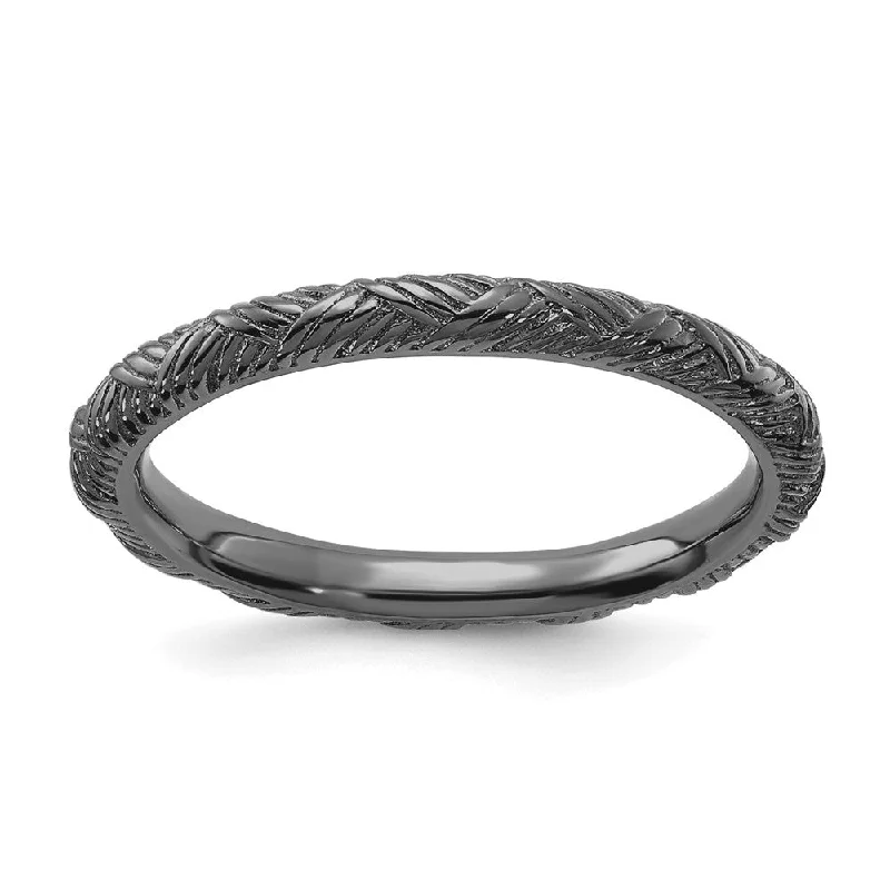 Trendy Minimalist Jewelry For Everyday Wear 2.25mm Sterling Silver Black Ruthenium Plated Basket Weave Stack Band
