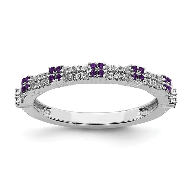 Fashion-Forward Geometric Jewelry For Contemporary Style 2.5mm Rhodium Sterling Silver, Amethyst & Diamond Stackable Band Fashion-Forward Geometric Jewelry For Contemporary Style 2.5mm Rhodium Sterling Silver, Amethyst & Diamond Stackable Band