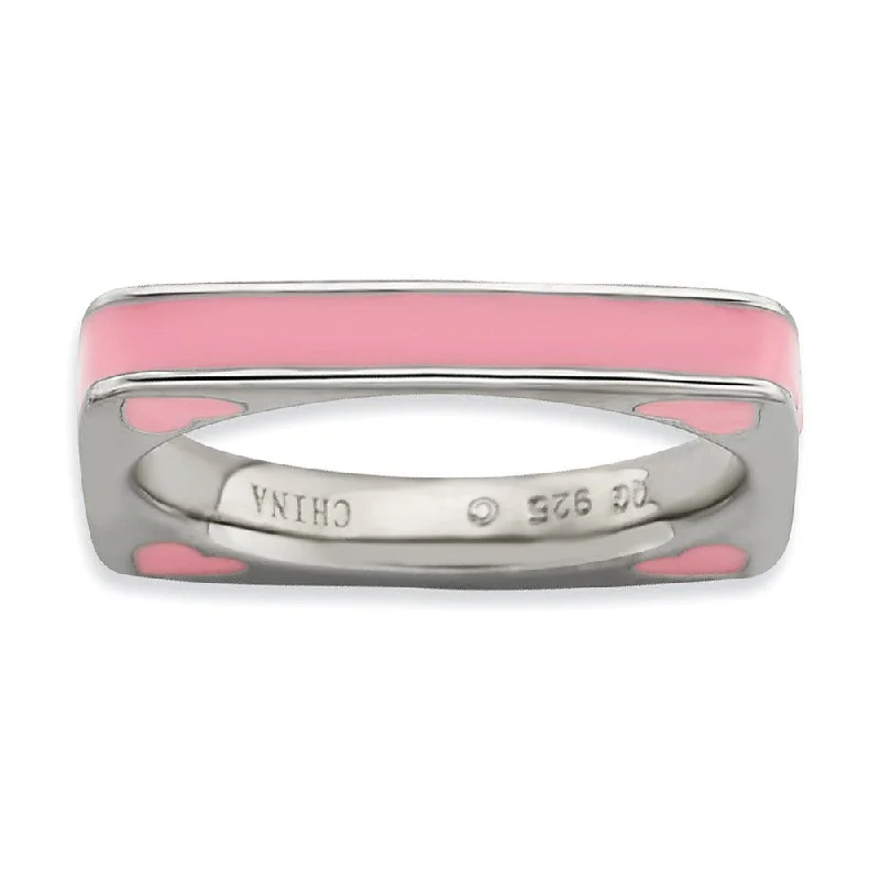 Trending Jewelry Styles Now At Limited-Time Discounts 3.25mm Silver and Pink Enamel Stackable Square Band