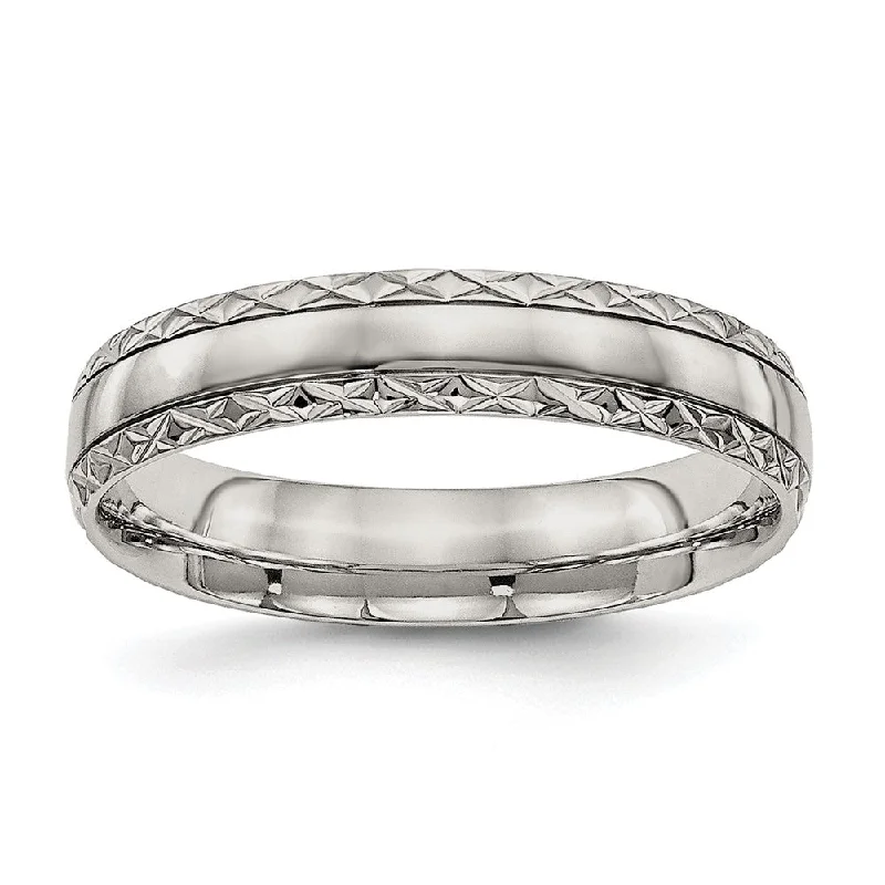 Grab Your Favorite Jewelry At The Lowest Prices 5mm Stainless Steel Grooved Crisscross Edge Standard Fit Band Grab Your Favorite Jewelry At The Lowest Prices 5mm Stainless Steel Grooved Crisscross Edge Standard Fit Band