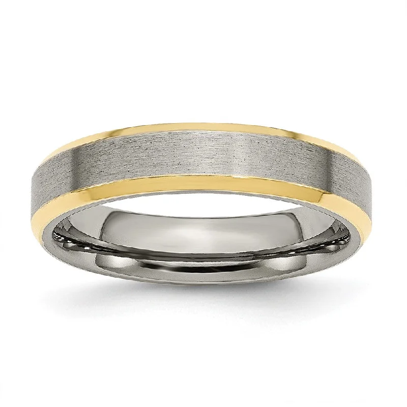 Premium Jewelry Now Available At Special Discounts 5mm Titanium & Gold Tone Flat Beveled Edge Standard Fit Band Premium Jewelry Now Available At Special Discounts 5mm Titanium & Gold Tone Flat Beveled Edge Standard Fit Band