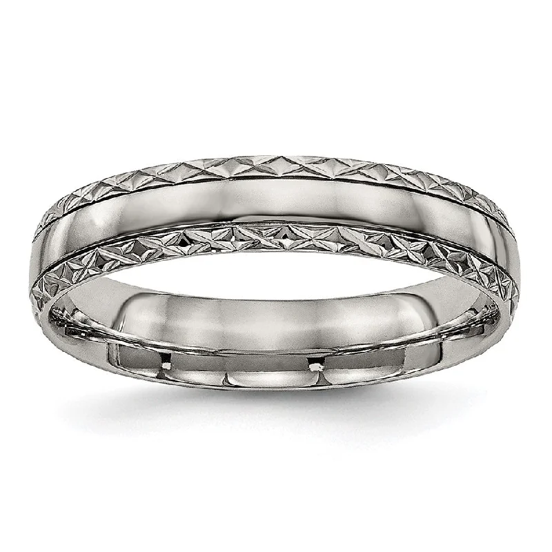 Affordable Luxury Jewelry For Every Occasion 5mm Titanium Polished Grooved Crisscross Edge Standard Fit Band Affordable Luxury Jewelry For Every Occasion 5mm Titanium Polished Grooved Crisscross Edge Standard Fit Band
