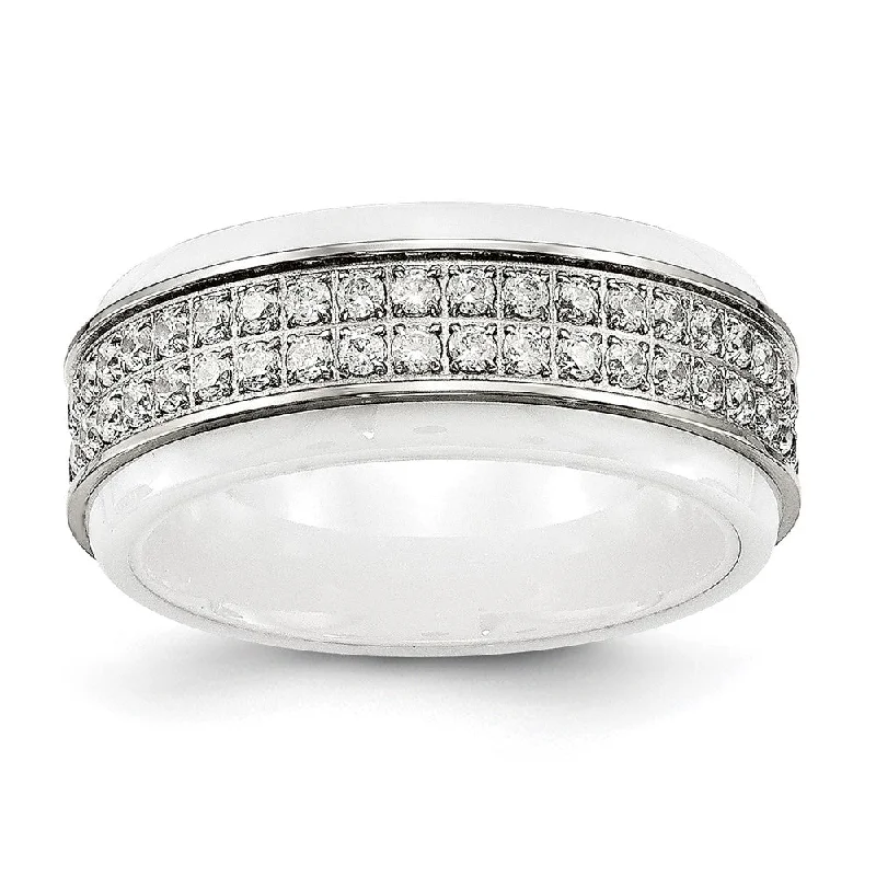 High-Quality Jewelry At A Fraction Of The Cost 8mm Stainless Steel, White Ceramic & CZ Ridged Standard Fit Band High-Quality Jewelry At A Fraction Of The Cost 8mm Stainless Steel, White Ceramic & CZ Ridged Standard Fit Band