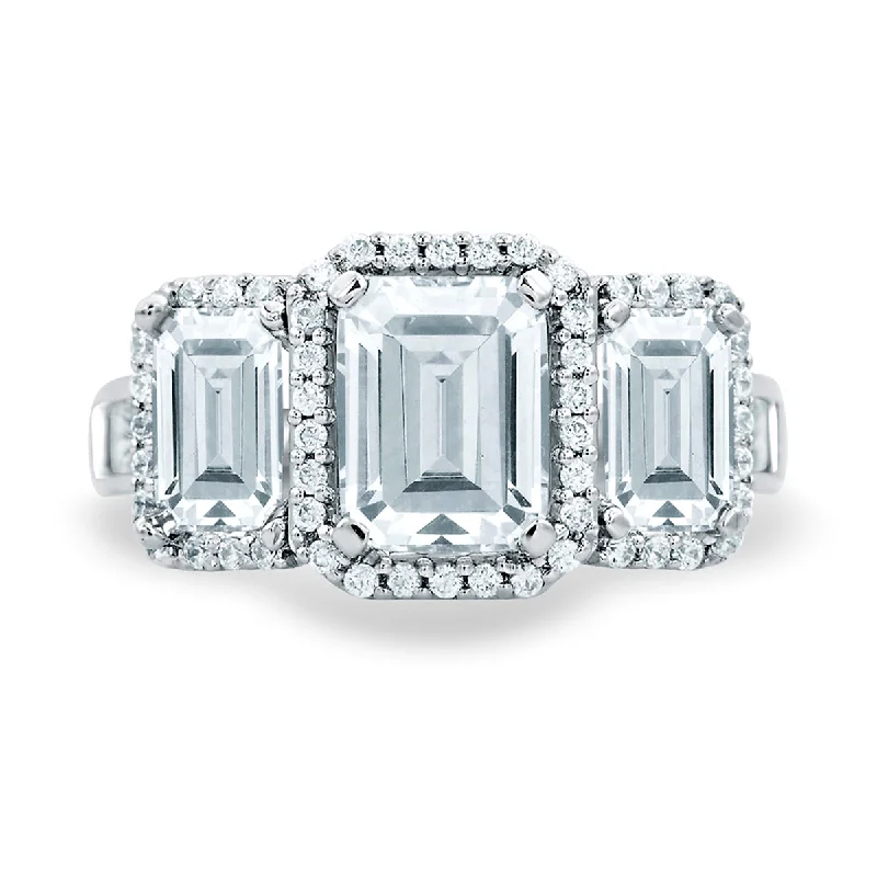 Affordable Glamour – Premium Jewelry At Special Prices A.Jaffe Classic Three Stone Emerald Cut Halo Engagement Ring MES694/435 Affordable Glamour – Premium Jewelry At Special Prices A.Jaffe Classic Three Stone Emerald Cut Halo Engagement Ring MES694/435