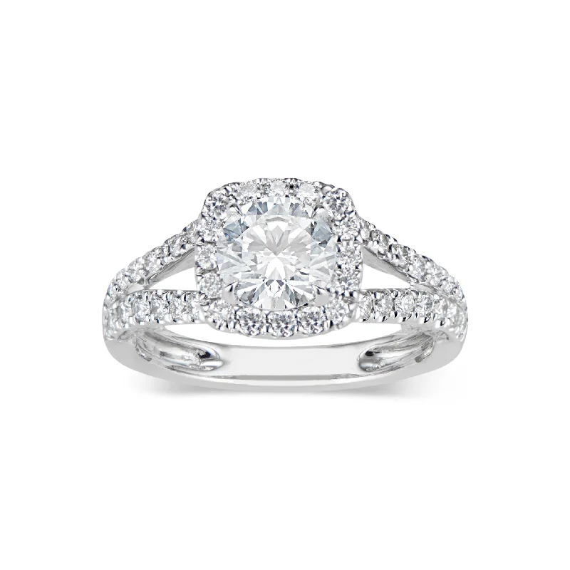 Shop Modern Jewelry Collections With Exclusive Discounts Cushion Halo Diamond Engagement Ring with Split Shank & Diamond Bridge Shop Modern Jewelry Collections With Exclusive Discounts Cushion Halo Diamond Engagement Ring with Split Shank & Diamond Bridge