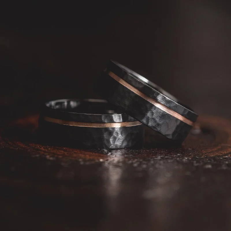 Dainty And Elegant Jewelry Now At Reduced Prices "Hades" Hammered Black Zirconium x Rose Gold strip- 8mm Dainty And Elegant Jewelry Now At Reduced Prices "Hades" Hammered Black Zirconium x Rose Gold strip- 8mm