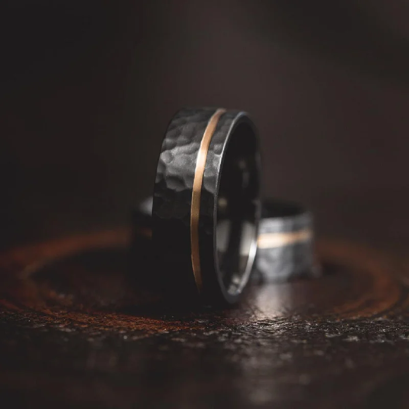 Handcrafted Beauty At Affordable Prices "Hades" Hammered Black Zirconium x Yellow Gold strip- 8mm Handcrafted Beauty At Affordable Prices "Hades" Hammered Black Zirconium x Yellow Gold strip- 8mm