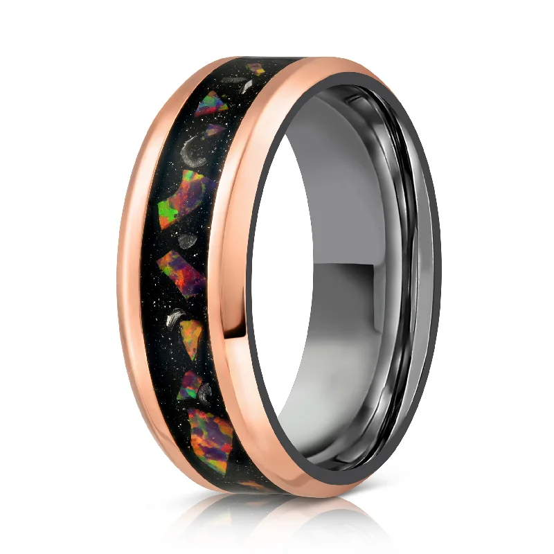 Everyday Jewelry Essentials Now On Sale "Hades" Hammered Rose Gold / Black Zirconium x Galactic Opal - Meteorite - 8mm Everyday Jewelry Essentials Now On Sale "Hades" Hammered Rose Gold / Black Zirconium x Galactic Opal - Meteorite - 8mm