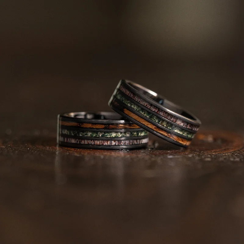 Make Your Outfit Shine With Discounted Jewelry "Highlander" Brushed Black Tungsten with Whisky Barrel x Moss Agate x Antler Make Your Outfit Shine With Discounted Jewelry "Highlander" Brushed Black Tungsten with Whisky Barrel x Moss Agate x Antler