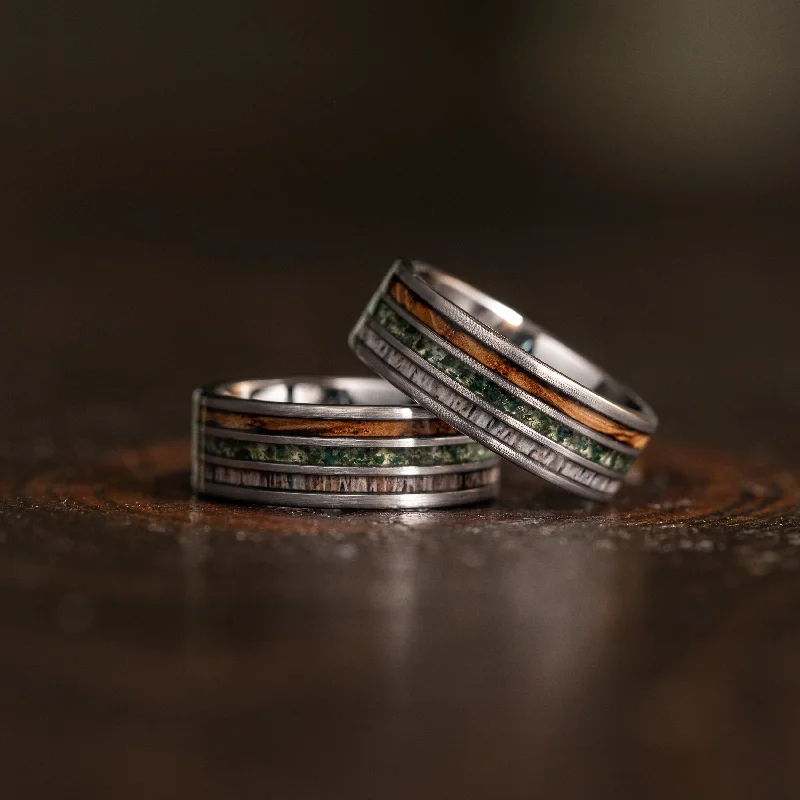 Stunning Statement Jewelry, Unbeatable Discounts "Highlander" Brushed Silver Tungsten with Whisky Barrel x Moss Agate x Antler Stunning Statement Jewelry, Unbeatable Discounts "Highlander" Brushed Silver Tungsten with Whisky Barrel x Moss Agate x Antler