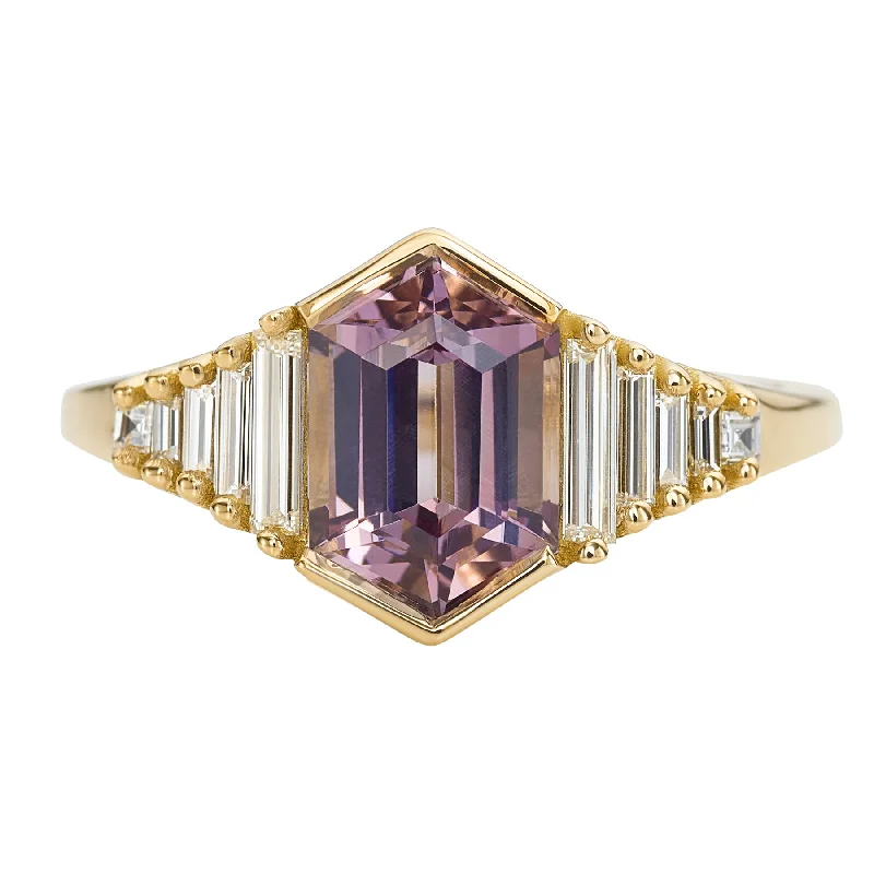 Luxury Jewelry At Budget-Friendly Prices – Grab Yours Now Lilac Engagement Ring with an Elongated Hexagon Spinel and Baguette Diamonds Luxury Jewelry At Budget-Friendly Prices – Grab Yours Now Lilac Engagement Ring with an Elongated Hexagon Spinel and Baguette Diamonds