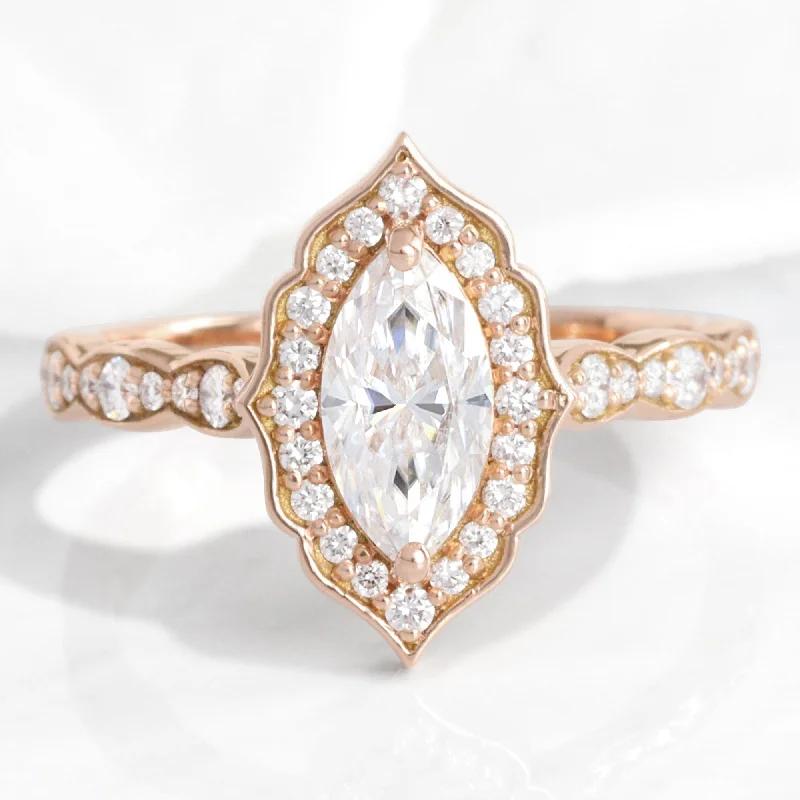 Personalized Engraved Jewelry For Meaningful Gifts Marquise Moissanite Engagement Ring in Vintage Floral Diamond Band Personalized Engraved Jewelry For Meaningful Gifts Marquise Moissanite Engagement Ring in Vintage Floral Diamond Band