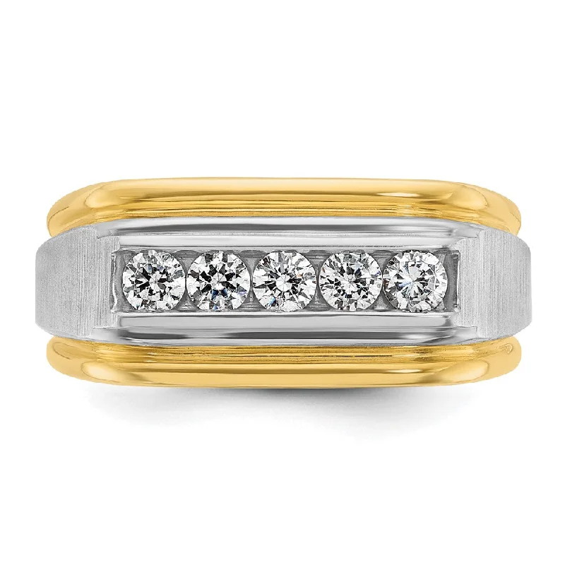 Grab Your Favorite Jewelry At The Lowest Prices Men's 10mm 14K Two Tone Gold 5-Stone 1/2 Ctw Diamond Tapered Band Grab Your Favorite Jewelry At The Lowest Prices Men's 10mm 14K Two Tone Gold 5-Stone 1/2 Ctw Diamond Tapered Band