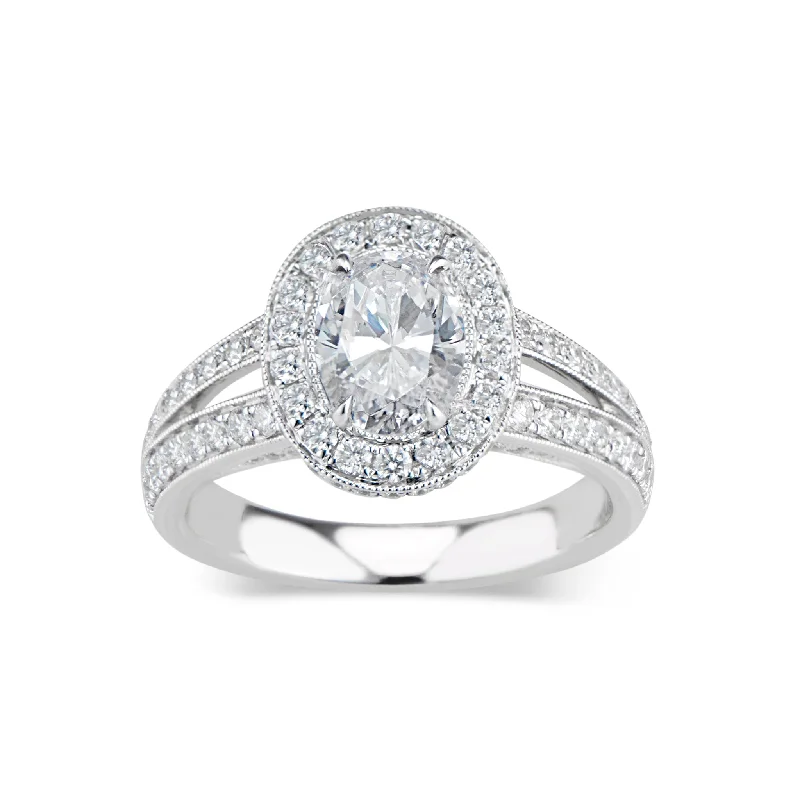 Trendy Minimalist Jewelry For Everyday Wear Oval Halo Diamond Engagement Ring with Split Shank and Milgrain Detail Trendy Minimalist Jewelry For Everyday Wear Oval Halo Diamond Engagement Ring with Split Shank and Milgrain Detail