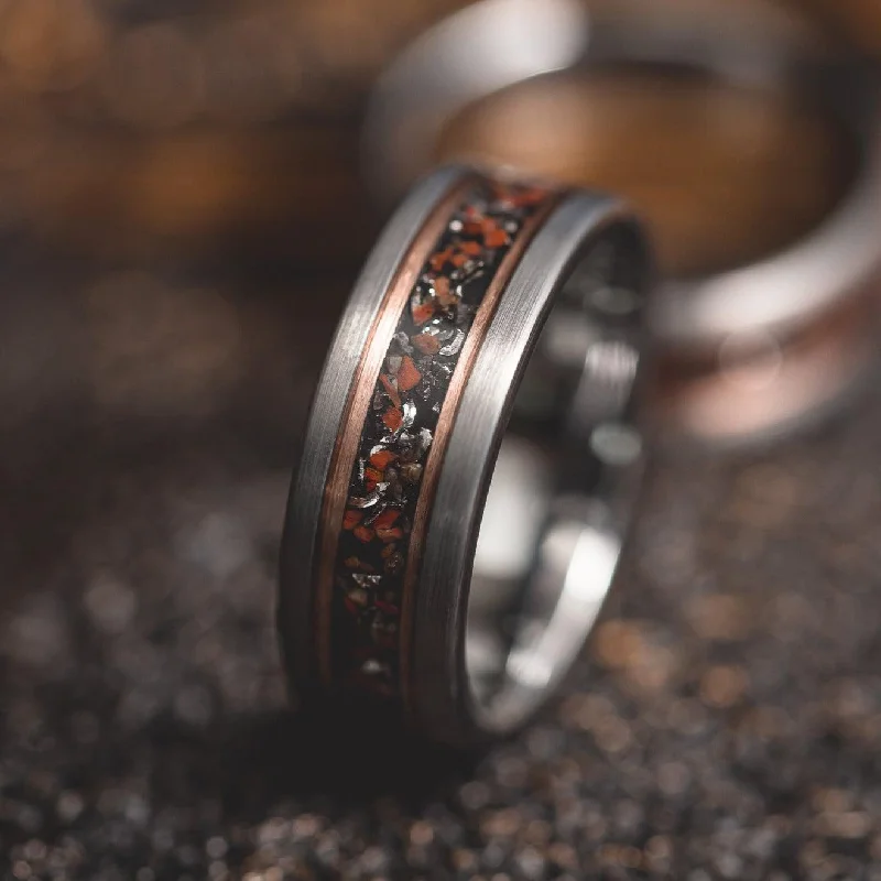 Elevate Your Outfit With Discounted Statement Jewelry "Perseus" Silver/Rose Flat Tungsten Carbide Ring- Dinosaur Bones and Meteorite- Grey/Rose- 6mm/8mm Elevate Your Outfit With Discounted Statement Jewelry "Perseus" Silver/Rose Flat Tungsten Carbide Ring- Dinosaur Bones and Meteorite- Grey/Rose- 6mm/8mm