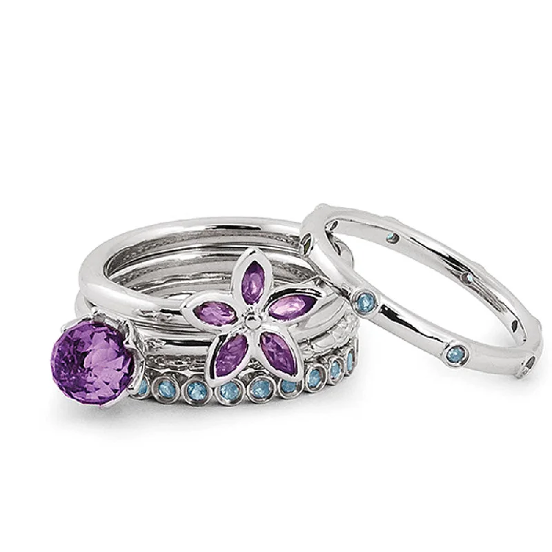 Exclusive Jewelry Sale – Shine For Less Sterling Silver Stackable Amethyst & Blue Topaz Flower Ring Set Exclusive Jewelry Sale – Shine For Less Sterling Silver Stackable Amethyst & Blue Topaz Flower Ring Set