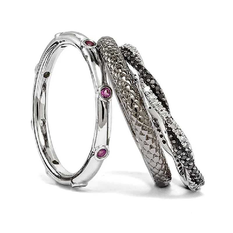 Shop Dazzling Jewelry At The Best Prices Two Tone Sterling Silver, Rhod. Garnet & Diamond Stackable Ring Set Shop Dazzling Jewelry At The Best Prices Two Tone Sterling Silver, Rhod. Garnet & Diamond Stackable Ring Set