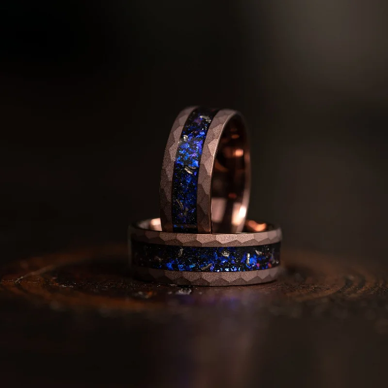 Jewelry Sale Bonanza – Grab Your Sparkle Now "Zeus" Chocolate Hammered Nebula Ring- Meteorite and Opal- Black 8mm Jewelry Sale Bonanza – Grab Your Sparkle Now "Zeus" Chocolate Hammered Nebula Ring- Meteorite and Opal- Black 8mm