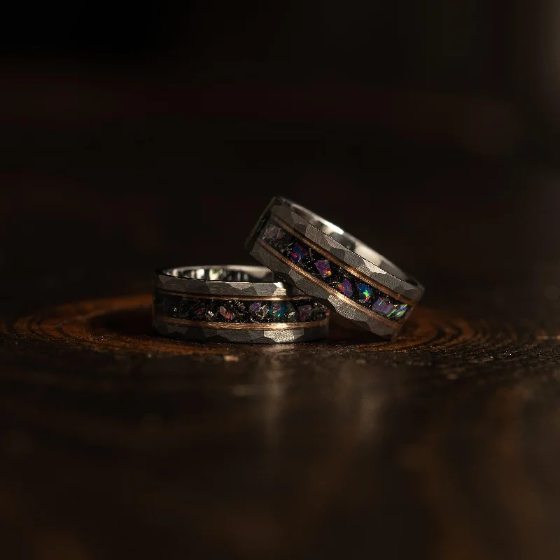 High-End Sparkle, Low-End Prices – Jewelry Sale Live "Zeus" Hammered Tungsten Carbide Ring- Meteorite and Opal- Grey/Rose- 6mm/8mm High-End Sparkle, Low-End Prices – Jewelry Sale Live "Zeus" Hammered Tungsten Carbide Ring- Meteorite and Opal- Grey/Rose- 6mm/8mm