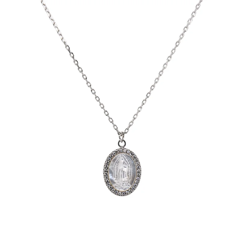 Luxury Jewelry At Unbeatable Discounts "MARY" Large Oval Virgin Mary in Mother of Pearl Necklace Luxury Jewelry At Unbeatable Discounts "MARY" Large Oval Virgin Mary in Mother of Pearl Necklace