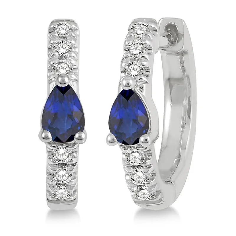 Special Deals On Handcrafted And Designer Jewelry 10K White Gold Pear Shape Sapphires And Diamond Huggie Earrings