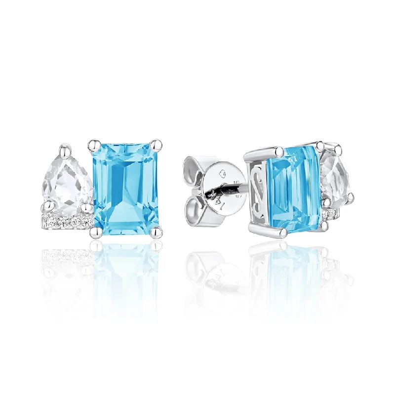 Eco-Friendly Sustainable Jewelry For Conscious Buyers 14K White Gold Blue Topaz And White Topaz Toi Et Moi Earrings Eco-Friendly Sustainable Jewelry For Conscious Buyers 14K White Gold Blue Topaz And White Topaz Toi Et Moi Earrings