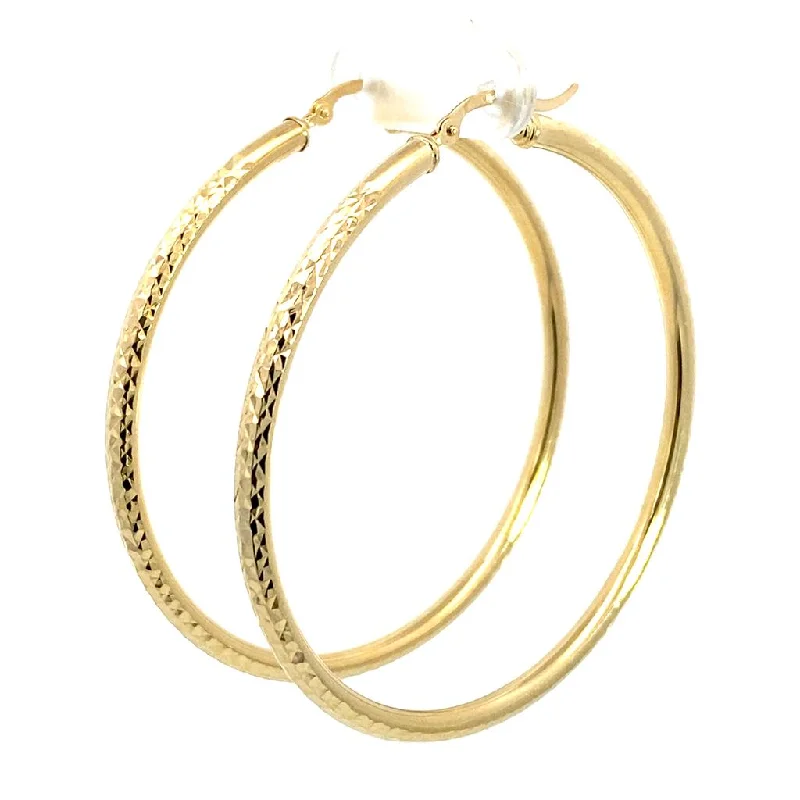 Sparkle In Style With Our Best Jewelry Deals 14K Yellow Gold 55mm Diamond Cut Semi-Solid Large Hoop Earring Sparkle In Style With Our Best Jewelry Deals 14K Yellow Gold 55mm Diamond Cut Semi-Solid Large Hoop Earring