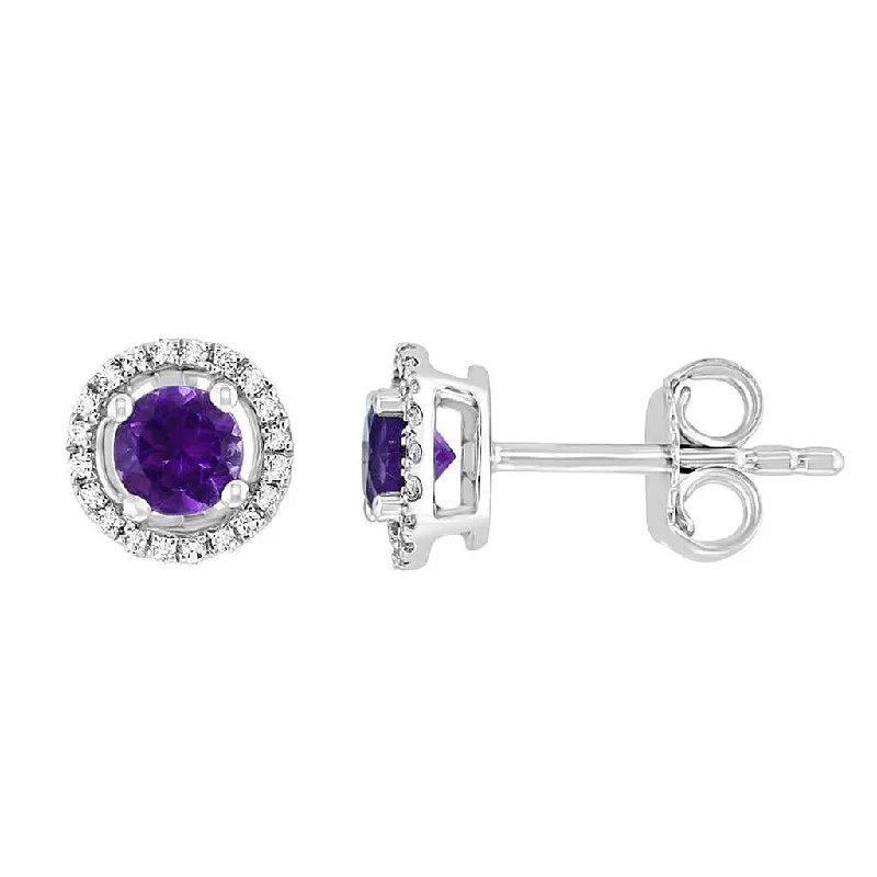 Versatile Layering Jewelry For Effortless Chic February Birthstone Earrings: 14K White Gold Diamond Halo Amethyst Earrings Versatile Layering Jewelry For Effortless Chic February Birthstone Earrings: 14K White Gold Diamond Halo Amethyst Earrings