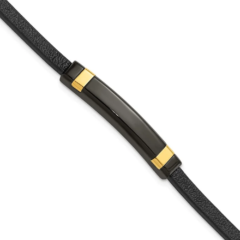 Celebrate Every Occasion With Sparkling Savings Black & Gold Tone Plated Stainless Steel Leather I.D. Bracelet, 8.5 In Celebrate Every Occasion With Sparkling Savings Black & Gold Tone Plated Stainless Steel Leather I.D. Bracelet, 8.5 In