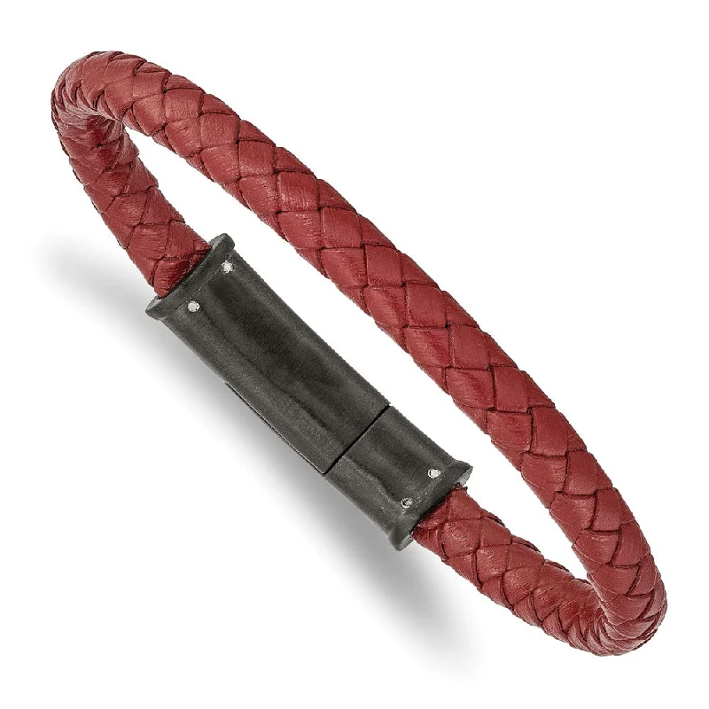 The Perfect Jewelry Piece At The Perfect Discount Black Plated Stainless Steel, Red Leather 6mm Braided Bracelet, 8.5 In The Perfect Jewelry Piece At The Perfect Discount Black Plated Stainless Steel, Red Leather 6mm Braided Bracelet, 8.5 In