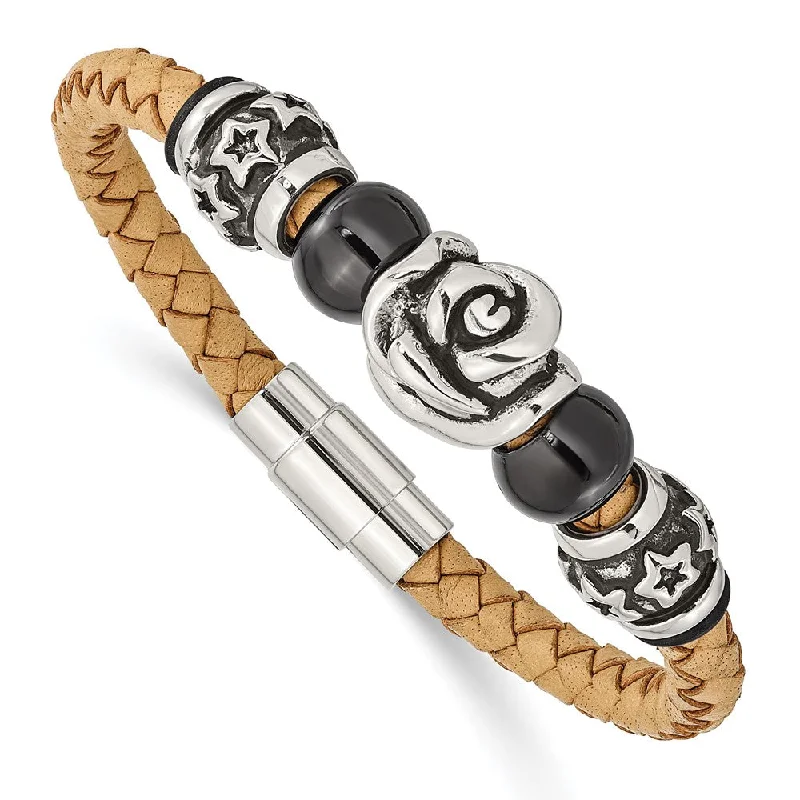Personalized Engraved Jewelry For Meaningful Gifts Light Tan Leather and Stainless Steel Beads Bracelet, 7.5 Inch Personalized Engraved Jewelry For Meaningful Gifts Light Tan Leather and Stainless Steel Beads Bracelet, 7.5 Inch