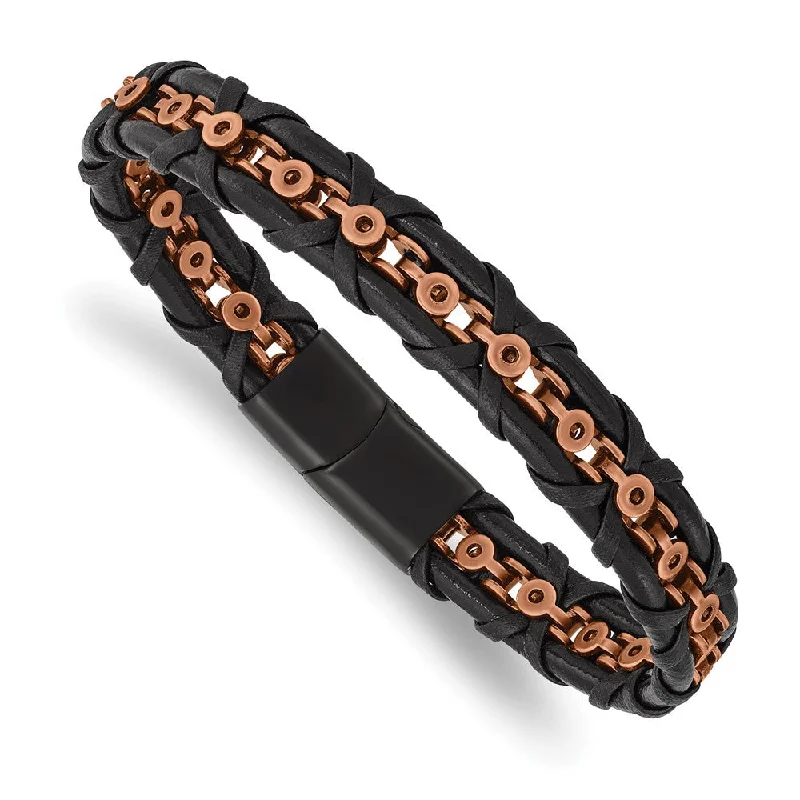 Best Jewelry Sale Prices – Limited-Time Offer Rose Tone/Black Plated Stainless Steel Black Leather Bracelet, 8.5 In Best Jewelry Sale Prices – Limited-Time Offer Rose Tone/Black Plated Stainless Steel Black Leather Bracelet, 8.5 In