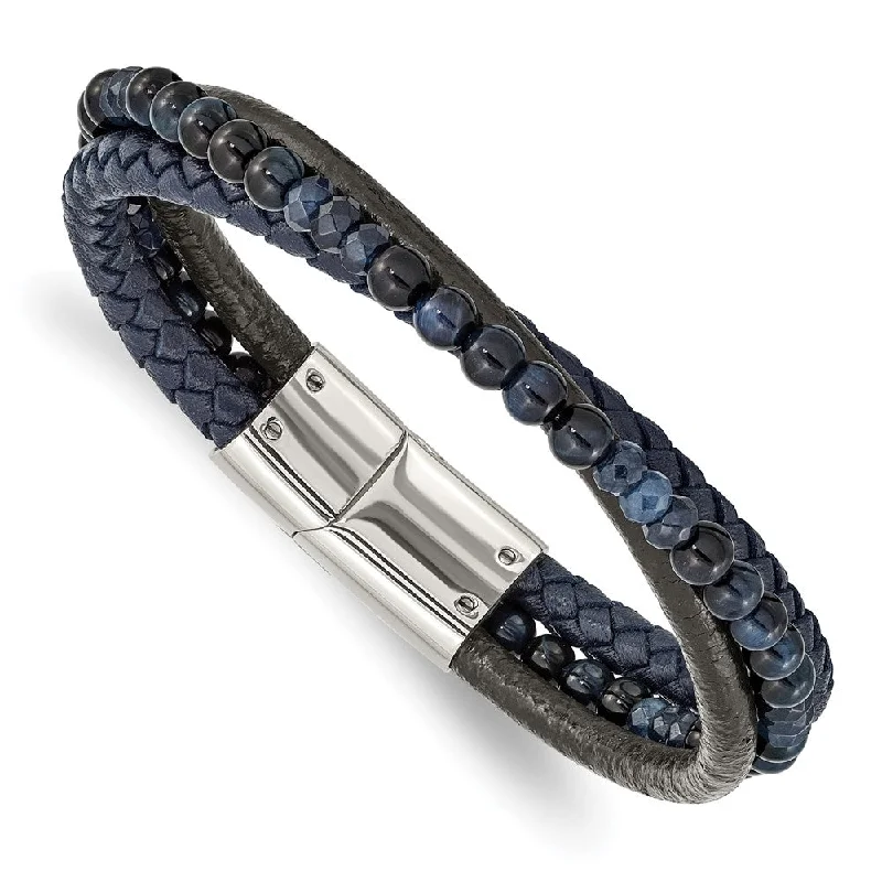 Best-Selling Jewelry Styles Now At Exclusive Discounts Stainless Steel, Blue Chalcedony/Tiger's Eye Leather Bracelet, 8.25 In Best-Selling Jewelry Styles Now At Exclusive Discounts Stainless Steel, Blue Chalcedony/Tiger's Eye Leather Bracelet, 8.25 In
