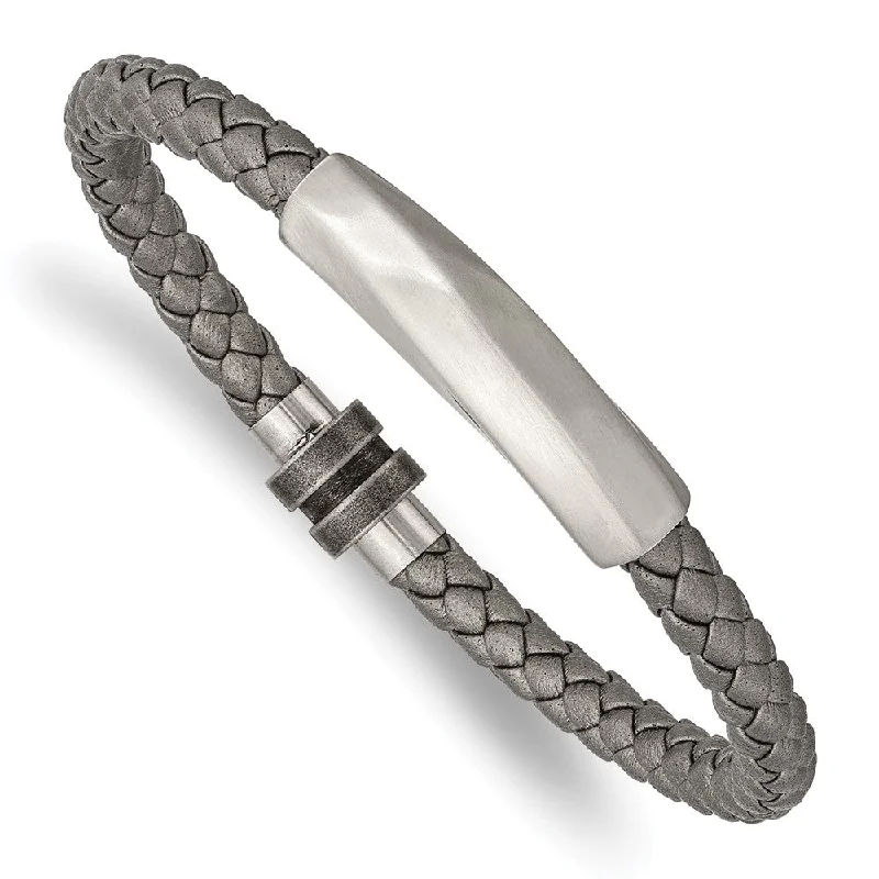Luxury Meets Affordability – Jewelry Sale Live Now Stainless Steel & Gray Leather Brushed Freeform Tube Bracelet, 8.25 In Luxury Meets Affordability – Jewelry Sale Live Now Stainless Steel & Gray Leather Brushed Freeform Tube Bracelet, 8.25 In