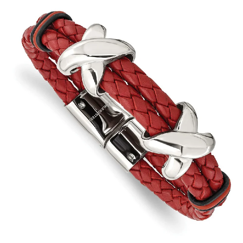 Customized Silver Jewelry For Unique Style Stainless Steel, Red Leather & Rubber X Bead Strand Bracelet, 8 Inch Customized Silver Jewelry For Unique Style Stainless Steel, Red Leather & Rubber X Bead Strand Bracelet, 8 Inch
