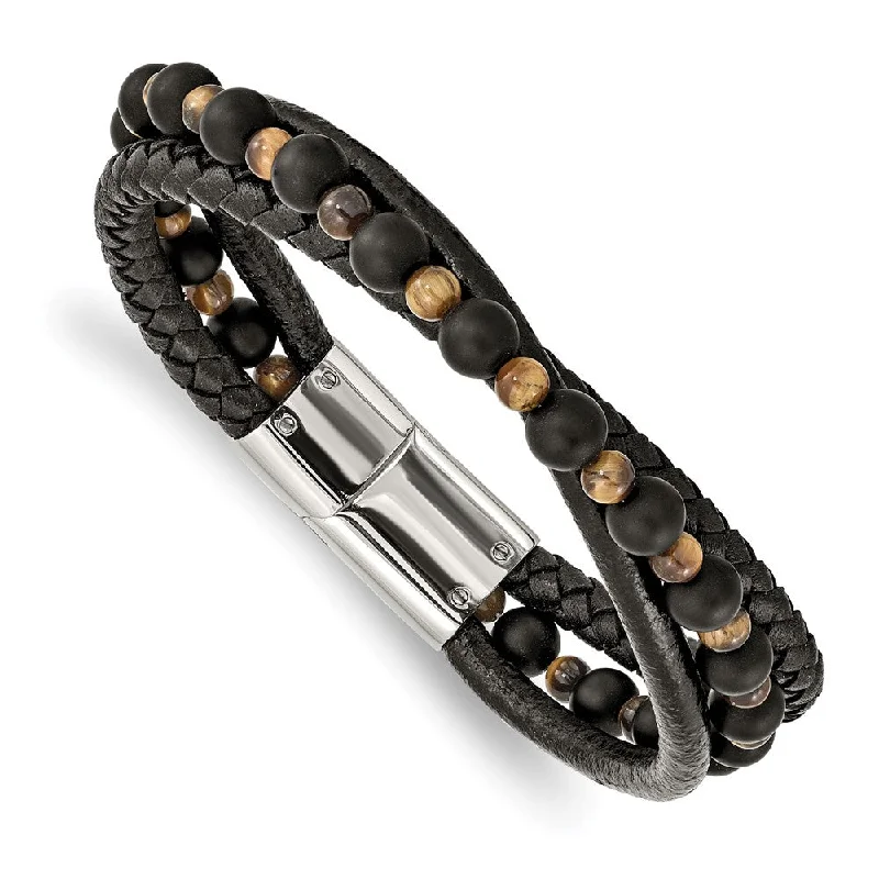 Upgrade Your Collection With Our Limited-Time Jewelry Sale Stainless Steel, Tiger's Eye/Black Agate & Leather Bracelet, 8.25 Inch Upgrade Your Collection With Our Limited-Time Jewelry Sale Stainless Steel, Tiger's Eye/Black Agate & Leather Bracelet, 8.25 Inch