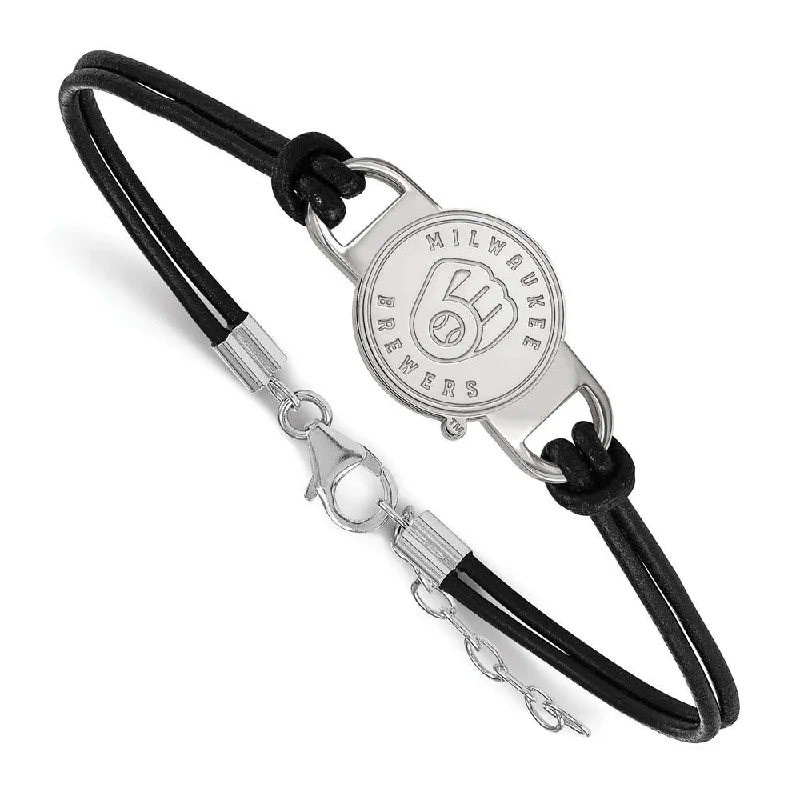 Classic And Modern Jewelry Styles On Sale Sterling Silver Rhodium MLB Milwaukee Brewers Leather Bracelet, 7 Inch Classic And Modern Jewelry Styles On Sale Sterling Silver Rhodium MLB Milwaukee Brewers Leather Bracelet, 7 Inch