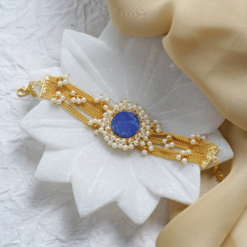 Affordable Gold-Plated Jewelry For Modern Fashion Teejh Eiravathi Blue Studded Layered Chain Pearl Bracelet Affordable Gold-Plated Jewelry For Modern Fashion Teejh Eiravathi Blue Studded Layered Chain Pearl Bracelet