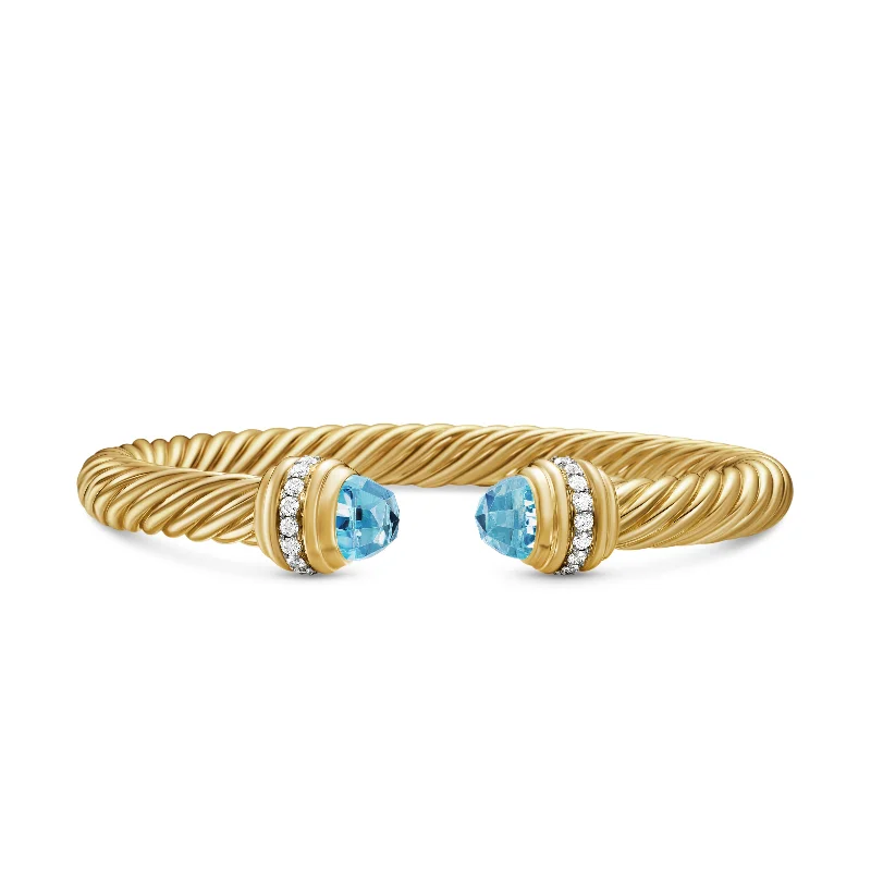 Customized Silver Jewelry For Unique Style Classic Cablespira® Bracelet in 18K Yellow Gold with Blue Topaz and Diamonds\, 7mm Customized Silver Jewelry For Unique Style Classic Cablespira® Bracelet in 18K Yellow Gold with Blue Topaz and Diamonds\, 7mm