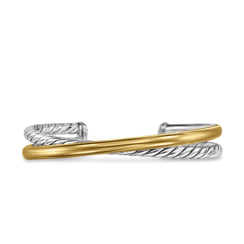 Modern Statement Jewelry For Bold Styling Crossover Two Row Cuff Bracelet in Sterling Silver with 14K Yellow Gold\, 11mm Modern Statement Jewelry For Bold Styling Crossover Two Row Cuff Bracelet in Sterling Silver with 14K Yellow Gold\, 11mm