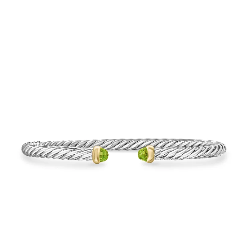 Luxury Jewelry Without The Luxury Price Tag Cable Flex Bracelet in Sterling Silver with 14K Yellow Gold and Peridot\, 4mm Luxury Jewelry Without The Luxury Price Tag Cable Flex Bracelet in Sterling Silver with 14K Yellow Gold and Peridot\, 4mm