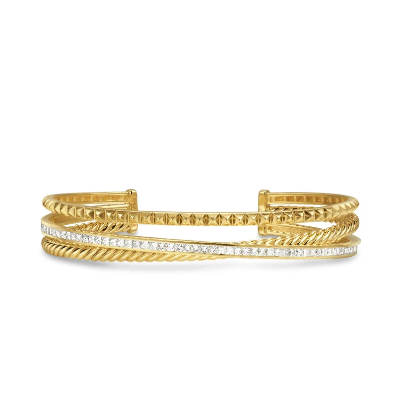 Premium Jewelry At Promotional Prices – Shine Today Crossover Trio Three Row Cuff Bracelet in 18K Yellow Gold with Diamonds\, 11mm Premium Jewelry At Promotional Prices – Shine Today Crossover Trio Three Row Cuff Bracelet in 18K Yellow Gold with Diamonds\, 11mm